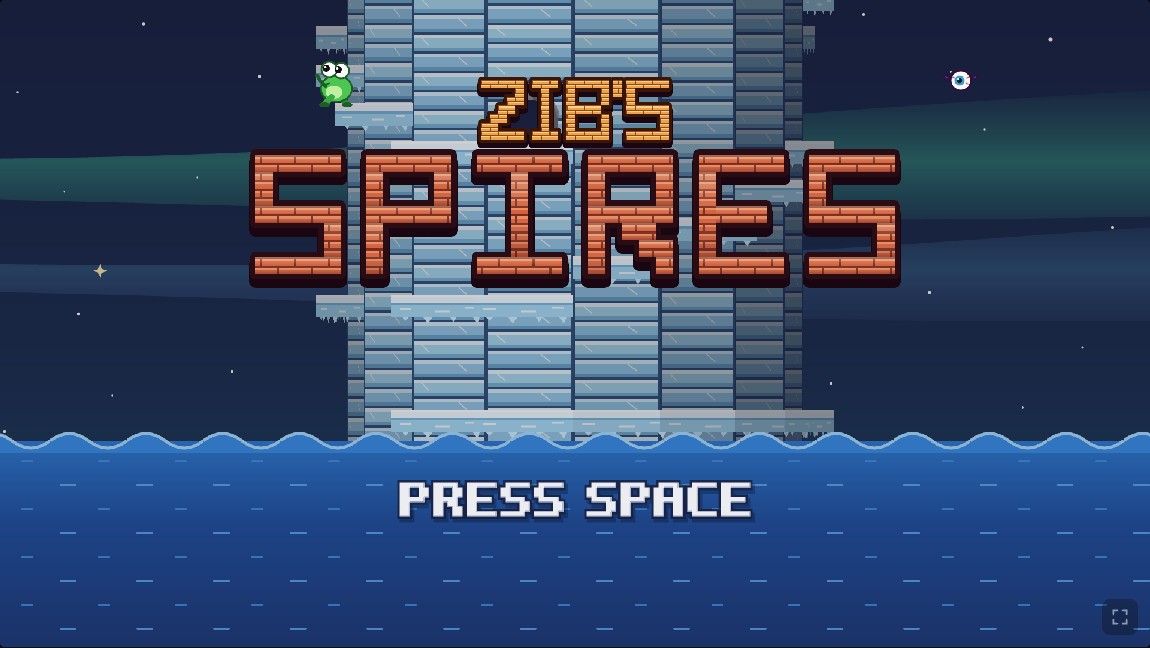 Zib's Spires title screen: a green hero beside a towering pixel-art spire above the sea
